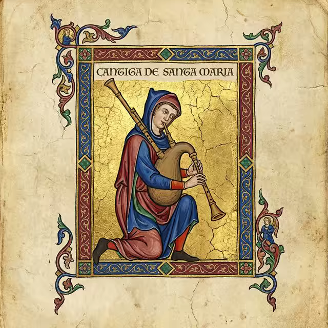 Enluminure médiévale d'un joueur de cornemuse